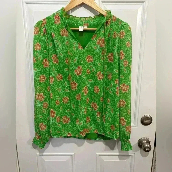Joie green flowy blouse flower detail lined size medium sheer puff sleeve shirt - Picture 1 of 7